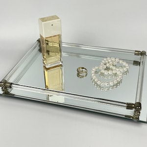 Vintage Mirrored Vanity Tray Rectangular with Glass Handles & Metal Mounts