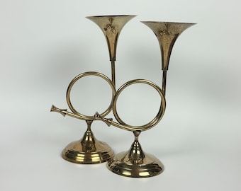 Vintage Brass Horn Candleholder Pair, Candlestick Holder - Set of 2