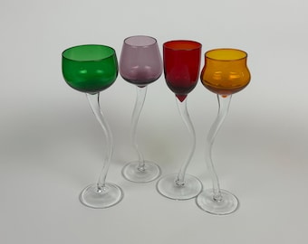 Set of 4 Multicolored Wavy Stem Cordial Glasses, Assorted Shapes