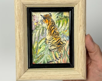Small Vintage Framed Orange Tiger Painting