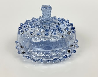 Vintage Blue Hobnail Lidded Hand Blown Glass Dish, Vanity Decor