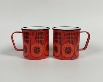 Vintage Arabia Finland Enamel Mugs, Mid-Century Bird Design Set