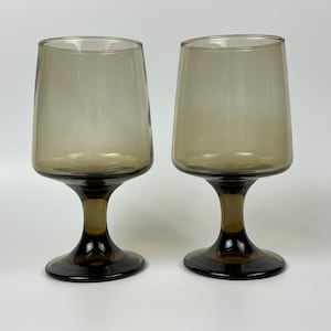 Vintage Libbey Tawny Smoked Glass, Stemmed Wine Glasses, Set of 2, 1970s Mod