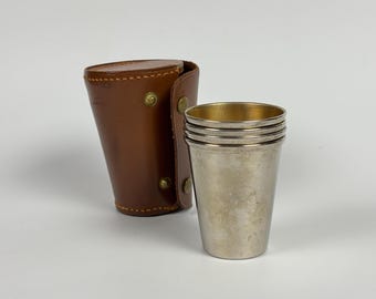 Vintage Metal Shot Glasses in Leather Carrying Case