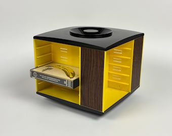 Vintage Rotating Cassette Rack Holder Carousel with Wood Panel Decor