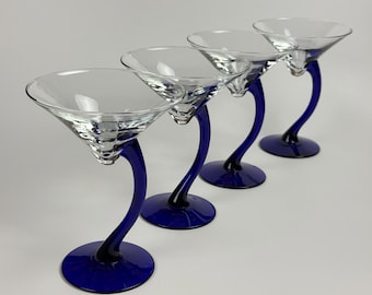 Vintage Cobalt Blue Curved Stem Martini Glasses, Set of 4