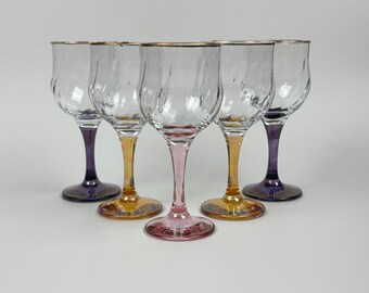 Vintage Wine Glasses with Jewel Coloured Iridescent Stems and Gold Rims, Set of 5