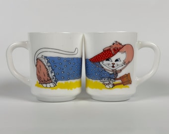 Arcopal France Milk Glass Mugs, Whimsical Cat with Hat Pair