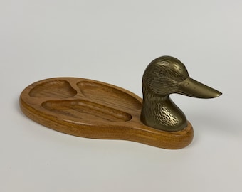 Vintage Brass Duck Head Wood Valet Tray