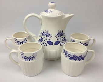 Vintage Blue and White Coffee Pot and 4 Cups Ceramic, Made in Japan, 4 Cup