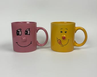 Vintage Funny Face Mugs, Ceramic 3D Faces, Pink & Yellow