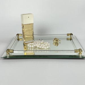 Vintage Mirrored Vanity Tray Rectangular with Glass Handles & Metal Mounts