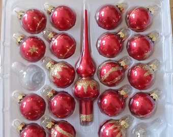 Vintage Set of Glass Christmas Ornaments Including Tree Topper in Original Box