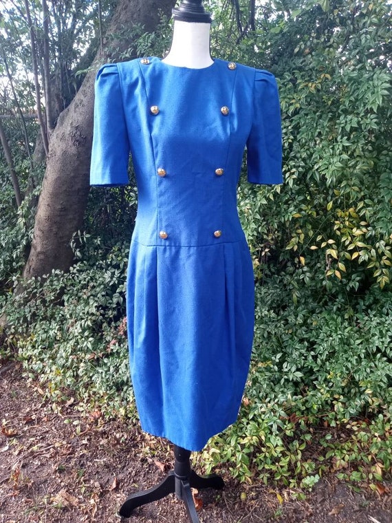 Vintage Royal Blue Drop Waist Dress with Shoulder 