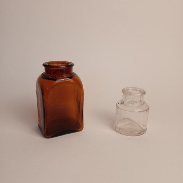 Set of Antique Brown Snuff Bottle and Clear Glass Ink Barrel