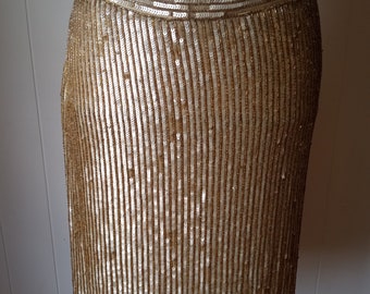 Vintage Gold Sequined and Beaded Skirt  with Side Zipper Size Small
