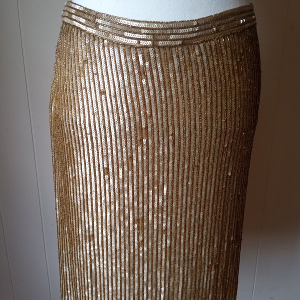 Vintage Gold Sequined and Beaded Skirt  with Side Zipper Size Small