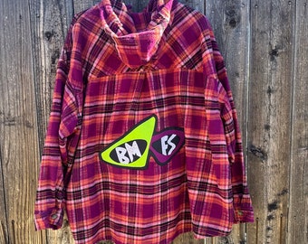 Womens 4X Billy Strings BMFS flannel shirt hoodie with 3000 sunglasses patch bluegrass fan art gift