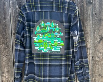 Mens large tall flannel shirt with Phish West Coast 2023 tour patch Seattle LA Berkeley Phan art