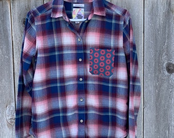 Womens small Phish flannel shirt, upcycled American Eagle, Fishman donut pocket phish chicks gift