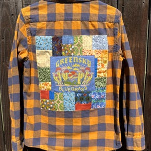 Mens small women’s medium Greensky Bluegrass patchwork upcycled flannel shirt one of a kind fan art