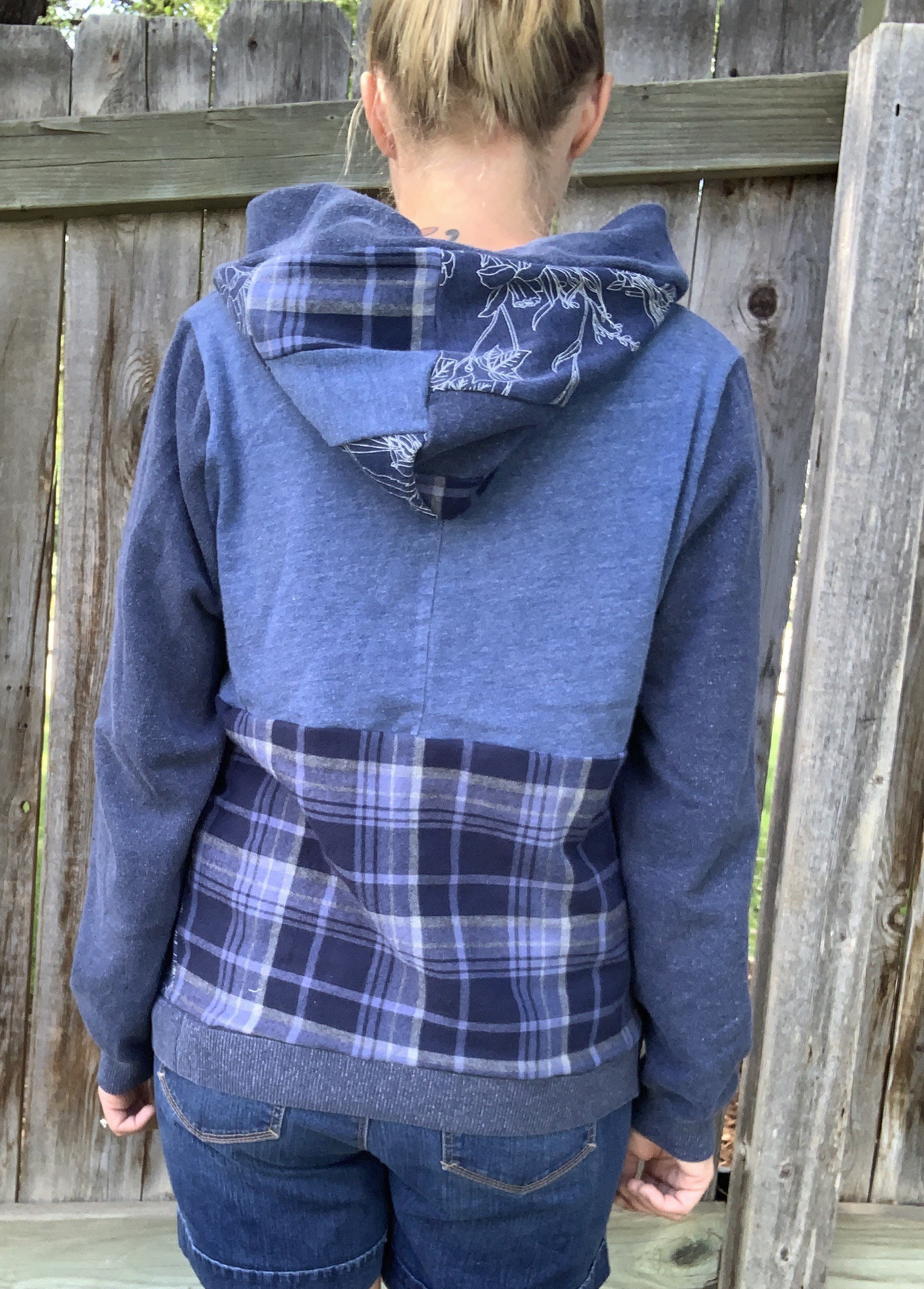 Reworked Womens Small Medium Blue Patchwork Hoodie Pullover