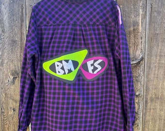 Womens large Billy Strings BMFS flannel shirt with 3000 sunglasses patch, bluegrass fan art gift