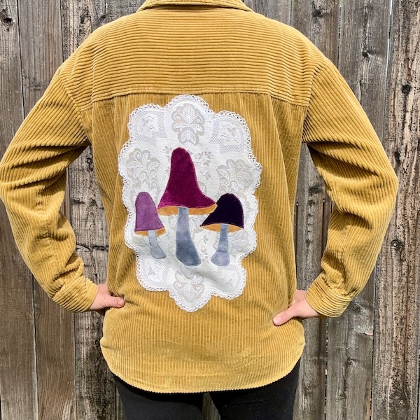 Womens medium wide wale corduroy shirt with vintage linen velvet mushroom patch, mycology, one of a kind clothing