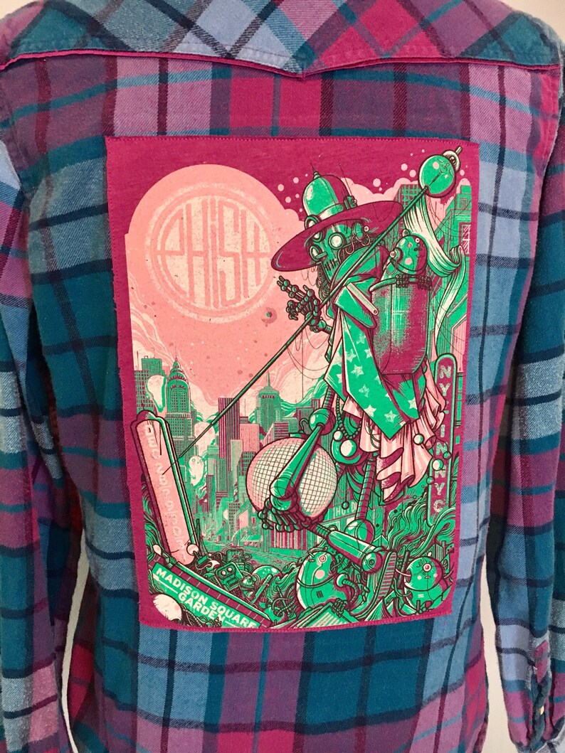 womens large upcycled Phish NYE Madison Square Garden flannel pearl snaps YEMSG