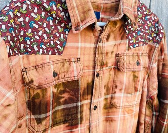 Men’s size 2XL XXL bleach distressed flannel with magic mushroom patches, mycology gift psychedelic hippie hippy