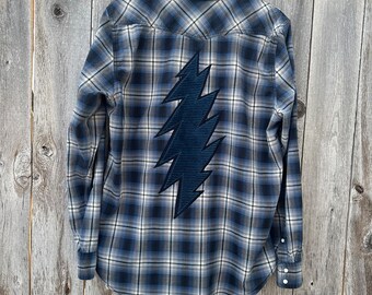 Mens large slim fit pearl snap plaid shirt with dead inspired corduroy bolt, American Eagle