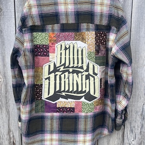 Womens large Billy BMFS flannel shirt with patchwork calico panel patch, one of a kind bluegrass fan art