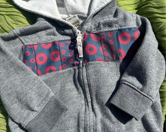 Baby Phish zip up hoodie size 3-6 month with patchwork Fishman donuts and Curveball patch, little rager gift