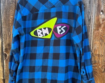 Mens extra large xl Billy Strings BMFS flannel shirt with 3000 sunglasses patch bluegrass fan art gift