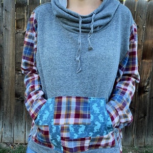 Womens small to XL Free size Widespread Panic pullover flannel hoodie, patchwork WSP, Michael Houser fabric one of a kind reworked fan art
