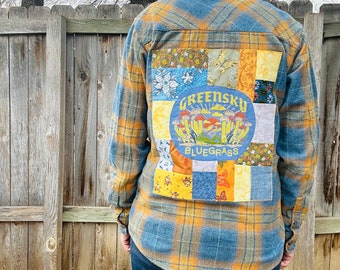 Medium flannel shirt Greensky Bluegrass GSBG patchwork merch patch mushrooms one of a kind fan art