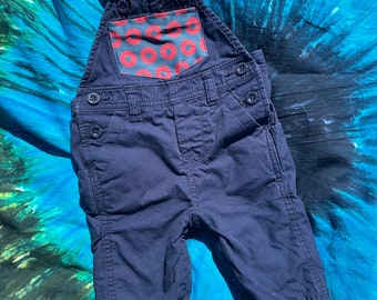 Newborn baby size 0-3 month lined overalls with Phish inspired Fishman donut bib pocket, Baby Gap, baby shower gift