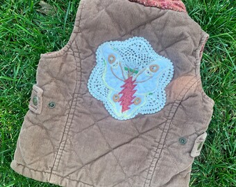 Toddler 12-18 month corduroy vest with doily vintage embroidery butterfly bolt patch, little rager gift Baby Gap