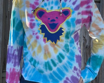 Womens medium Dead inspired tie dye pullover hoodie, deadhead gift Bear patch with corduroy