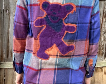 Womens small dead inspired flannel with corduroy Bear patch