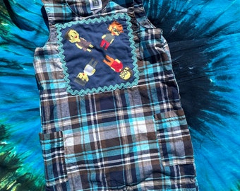 Baby toddler size 18 month plaid cotton overall shorts with Phish patch, vintage trim one of a kind baby shower gift fan art