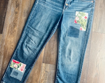 Womens patchwork jeans Madewell Perfect Vintage Crop size 28, 6/8 high waist, boho floral, NO POCKETS