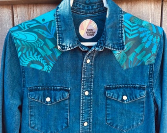 Womens small medium denim shirt with mushroom flower fern shoulder patches mycology gift hippie pearl snaps