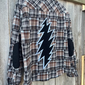 Mens large womens XL faux patchwork flannel shirt with corduroy Dead inspired bolt patches, elbow patches hippie hippy style