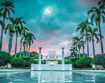 Laie Hawaii Temple under the moon light