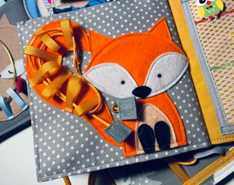 Quiet book for kids, learning busy book for toddlers, unique gift for birthday, for Christmas with cute fox