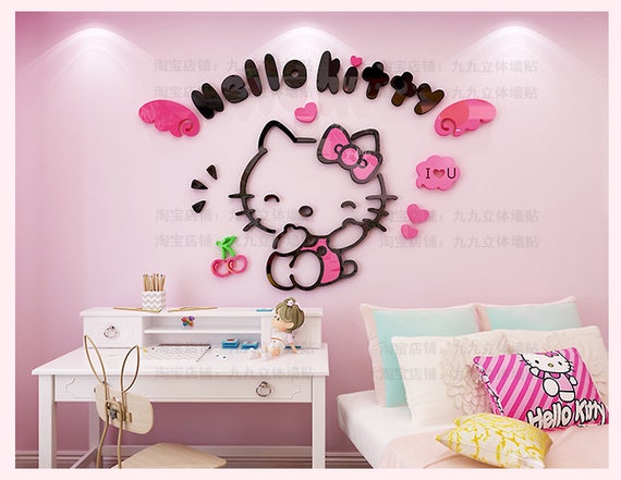 Hello Kitty Wall Decal 3d Room Decor Wall Stickers With Cherry Angel Design Acrylic Mirror Surface For Nursery Room