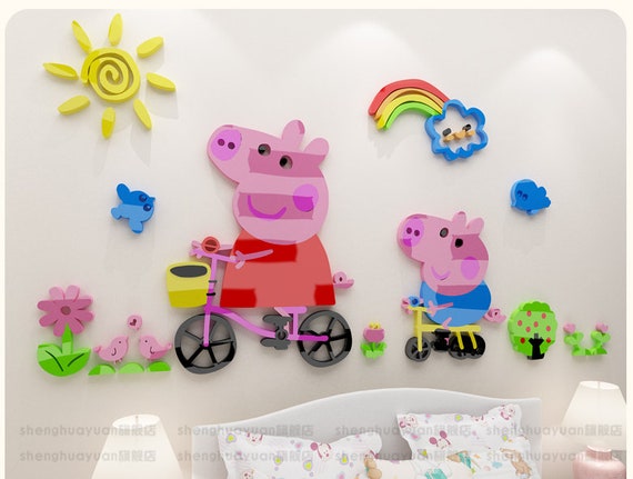 Peppa Pig With Bicycle Picnic 3d Wall Decal Stickers Room Decor Wall Sticker Acrylic Mirror Surface For Nursery Kids Bedroom