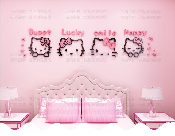 Hello Kitty Wall Decal 3d Room Decor Wall Stickers 4 Kitty Head Acrylic Mirror Surface For Nursery Room