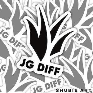 May include: Black and white sticker with a stylized plant design and the text "JG DIFF" in bold white letters.